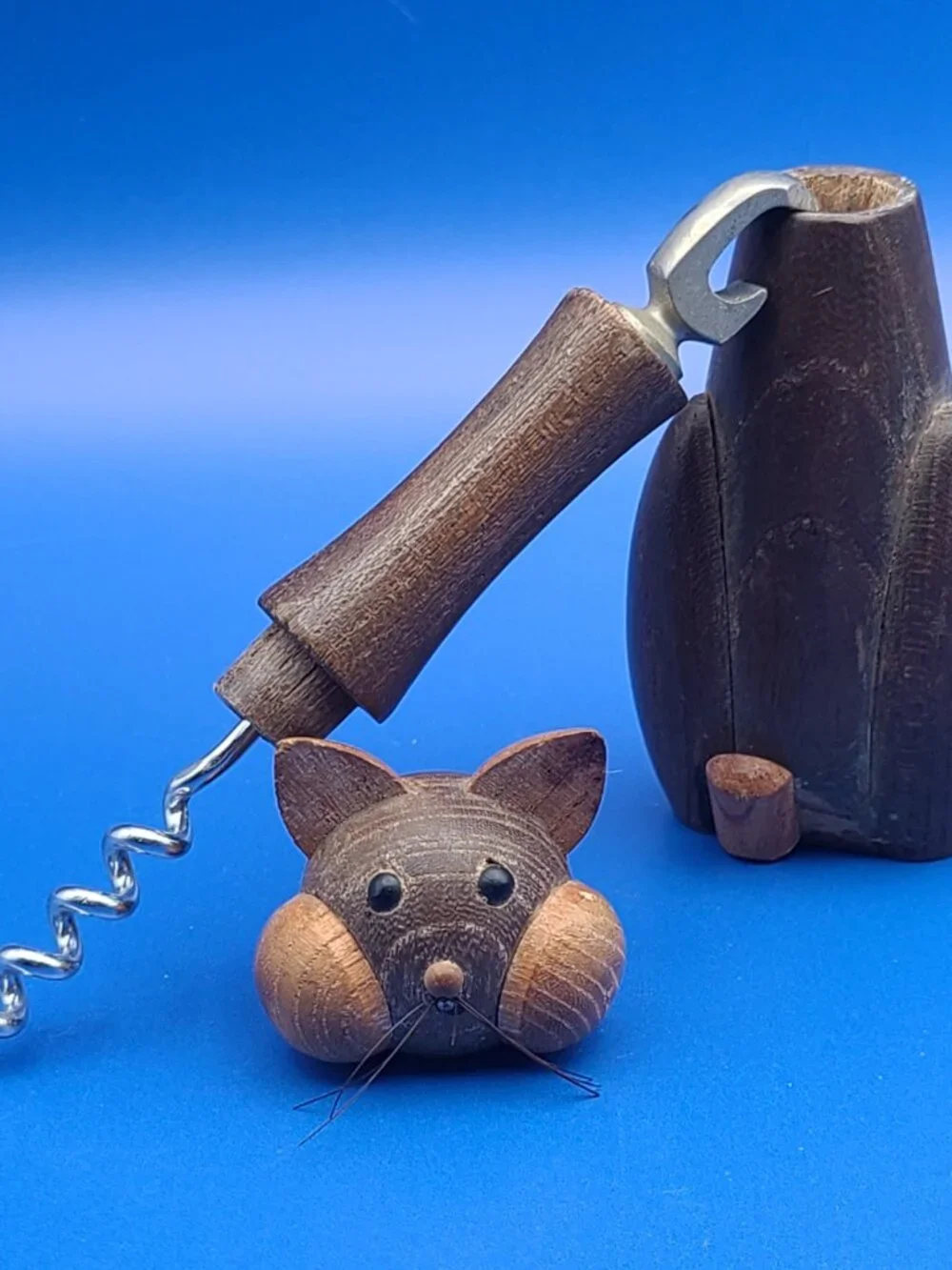 MCM Barware Wood Cheeky Cat Corkscrew plus Japan Miniature Cat AS IS